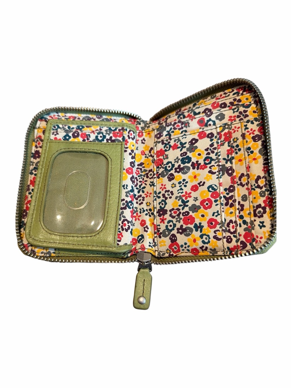 Vintage Fossil Avocado Green Leather Zip-Around Wallet with Floral Interior - Picture 5 of 7